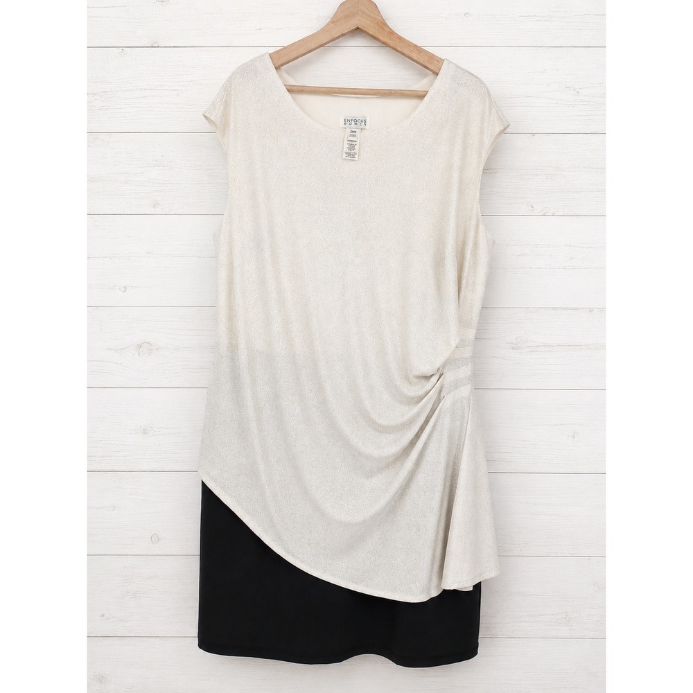 Enfocus Women Sheath Dress Women 20W Ivory Gold Black Metallic Draped Overlay